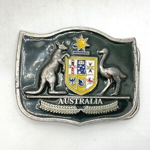 AUSTRALIA Belt Buckle,  Blue Enamal on Silvertone Metal Coat-of-Arms